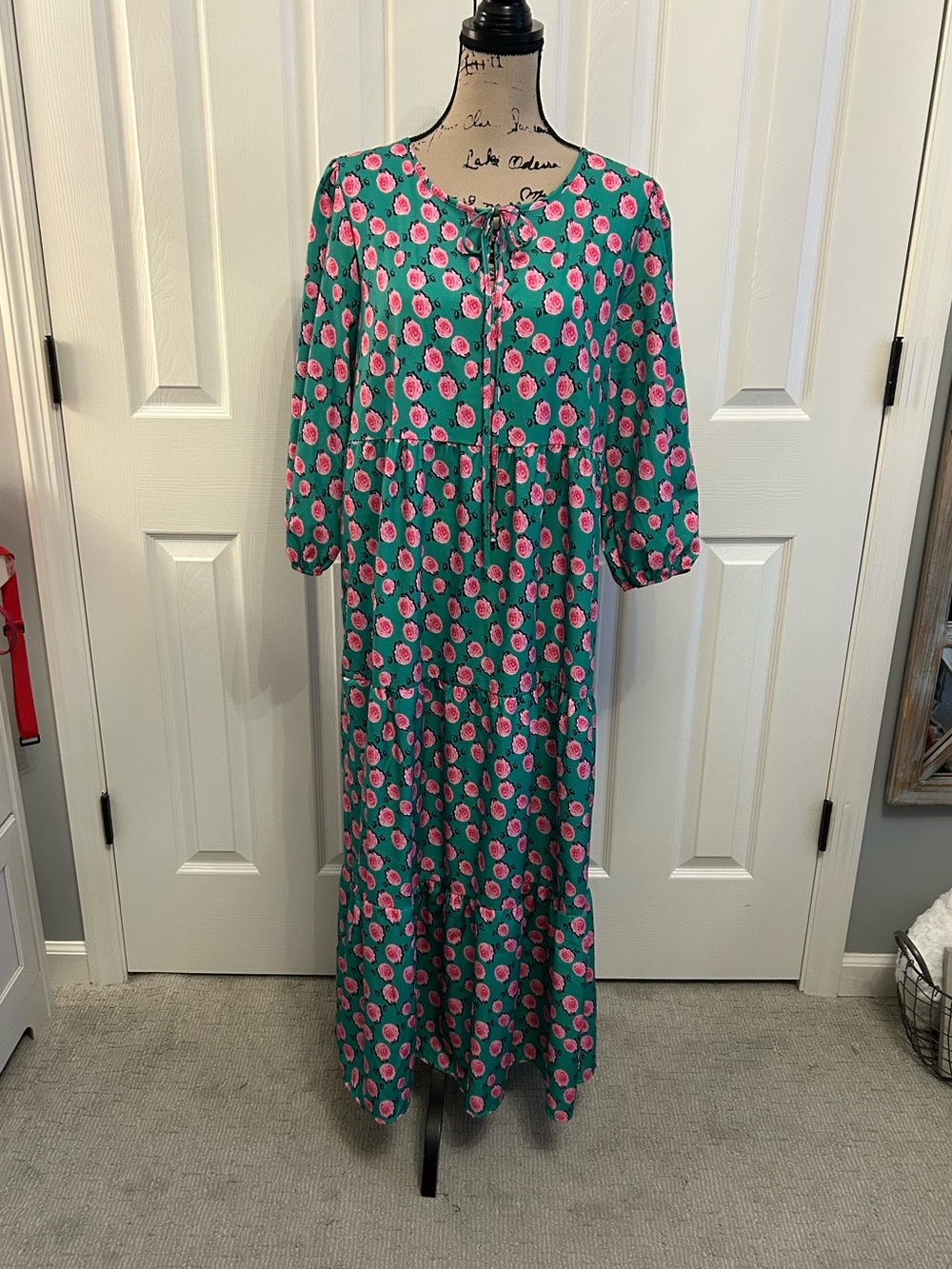 Green Floral Tiered Maxi Dress with Pink Rosettes size large.